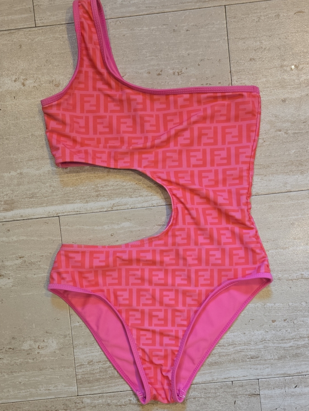 FENDI Pink/Orange Monogram One Shoulder Cut-Out Bathing Suit